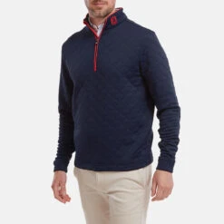 FootJoy Diamond Jacquard Chill-Out 1/4 Zip Golf Pullover -FootJoy || Callaway || Ping Sales FootJoy SS22 Diamond Jacquard Chill Out 1 4 Zip Golf Sweater Navy Bright Red 88452 model 1