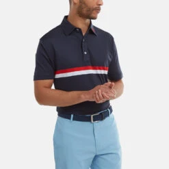 FootJoy Double Chest Band Pique Golf Polo Shirt -FootJoy || Callaway || Ping Sales FootJoy SS22 Double Chest Band Pique Golf Polo Shirt Navy Red White 88440 model 1