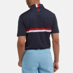 FootJoy Double Chest Band Pique Golf Polo Shirt -FootJoy || Callaway || Ping Sales FootJoy SS22 Double Chest Band Pique Golf Polo Shirt Navy Red White 88440 model 3