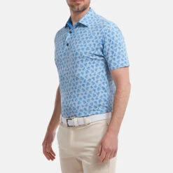 FootJoy Shadow Palm Print Pique Golf Polo Shirt -FootJoy || Callaway || Ping Sales FootJoy SS22 Shadow Palm Print Pique Golf Polo Shirt Dove Grey Royal 88376 model 1